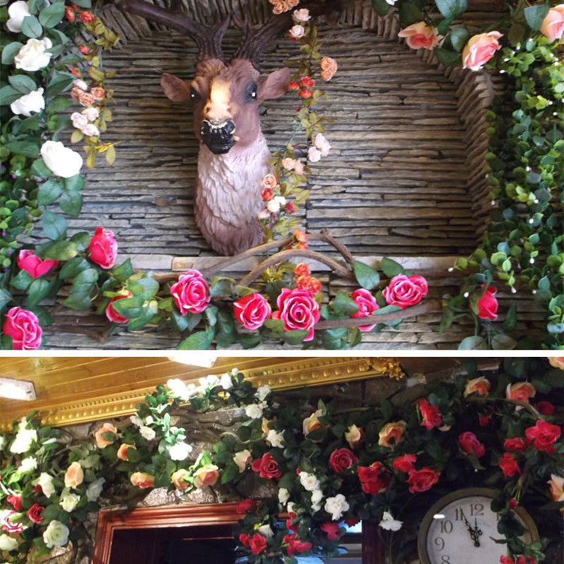 Artificial flower rattan Dây hoa hồng bằng vải lụa &amp; lá thường xuân giả 2.3M treo tường trang trí tiệc cưới