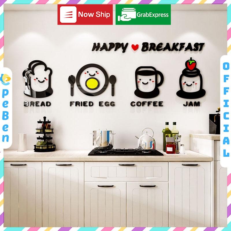 Tranh dán tường mica 3d decor khổ lớn hoạt hình bữa ăn sáng dễ thương quán ăn, trà chanh, trà sữa Nhiều Size - EPeBen