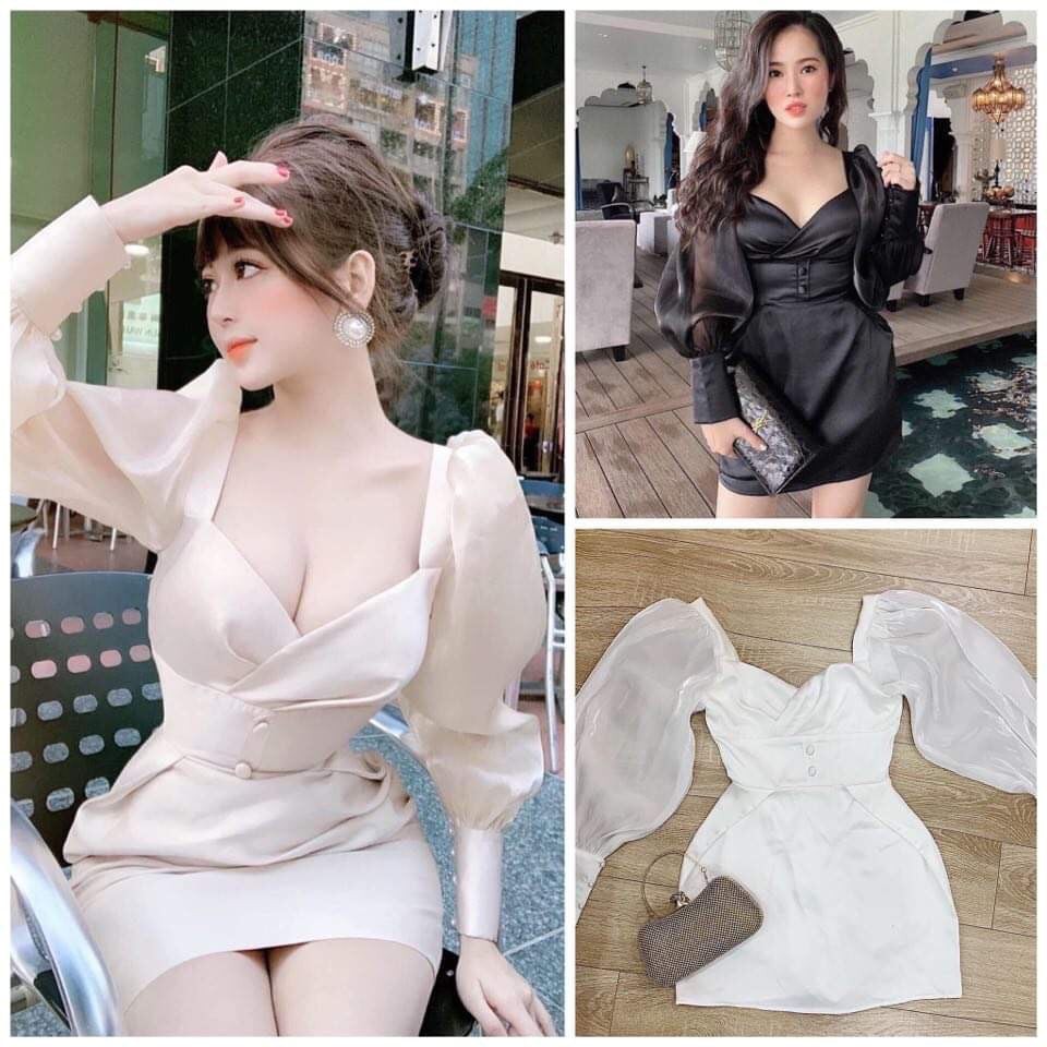 Đầm ôm thiết kế cổ chéo thời trang phối tay voan ( có mút )