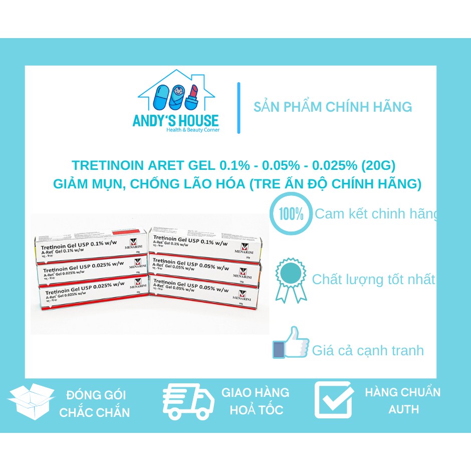 Tretinoin Aret gel 0.1% - 0.05% - 0.025% (20g) - tretinol giảm mụn, chống lão hóa (tre Ấn Độ chính hãng)