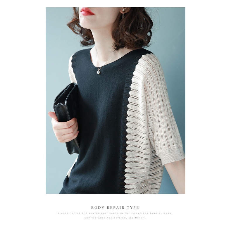 Áo thun dệt kim tay ngắn dáng rộng thời trang mùa hè cho phụ nữ trung niên