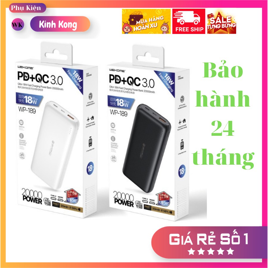 Sạc dự phòng 20000mah,có kèm sạc nhanh 18W,1 cổng usb ,1 cổng typeC,WP189