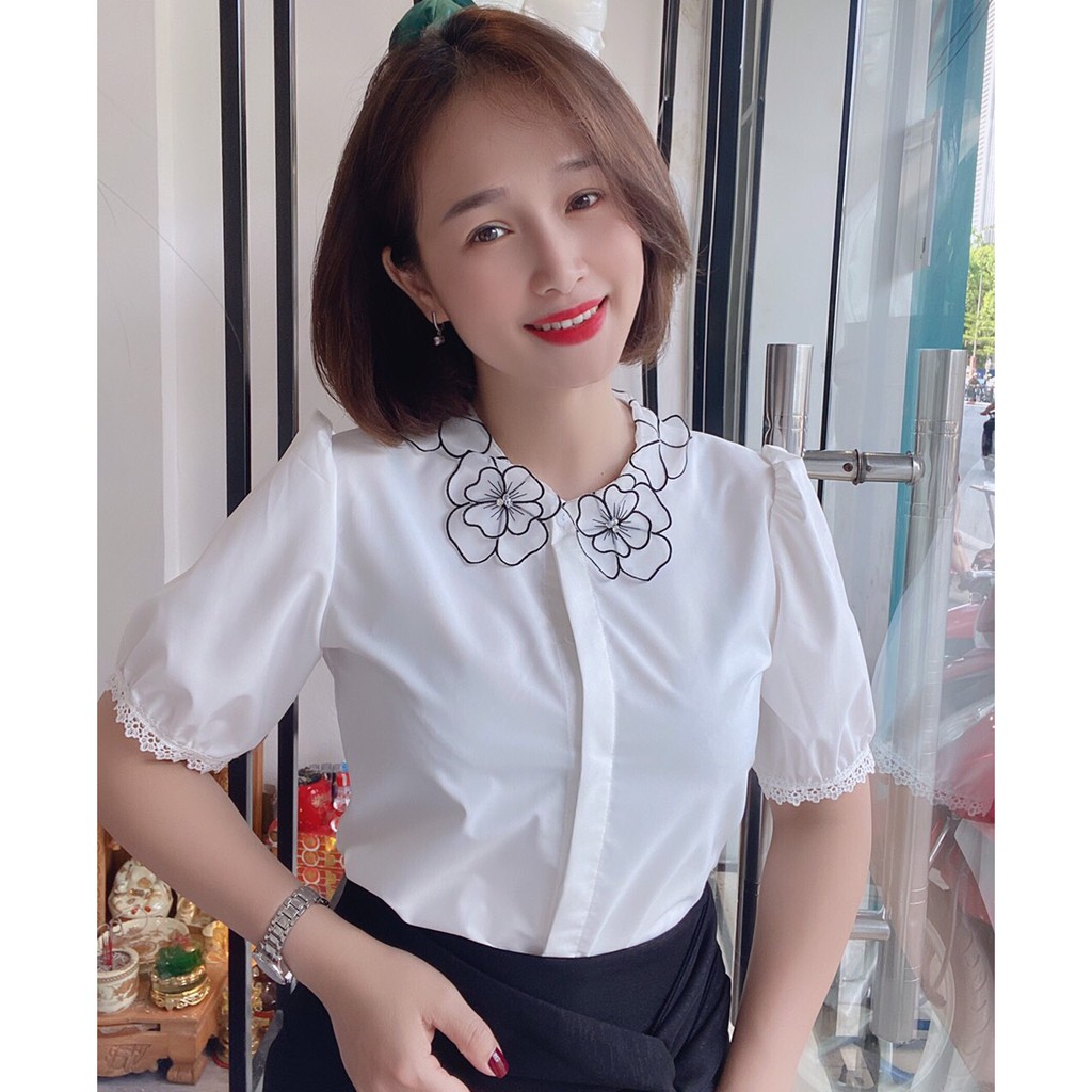 ÁO SƠ MI TRẮNG CỘC TAY CỔ HOA | BigBuy360 - bigbuy360.vn