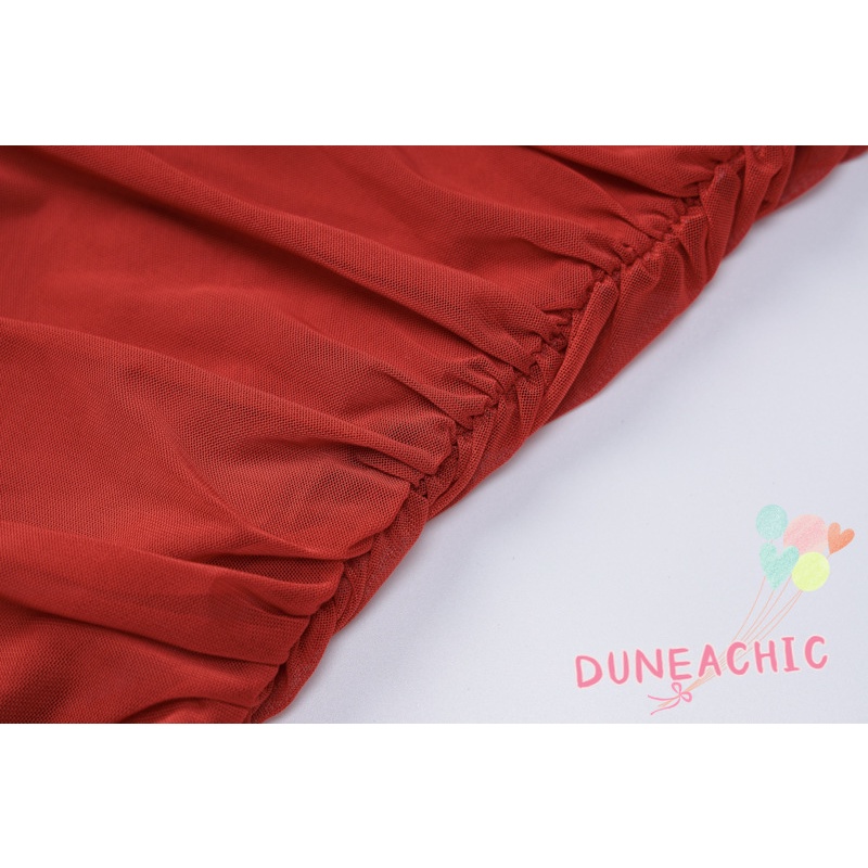 DUNEA Đầm trễ vai phối lưới xếp ly thời trang cho nữ