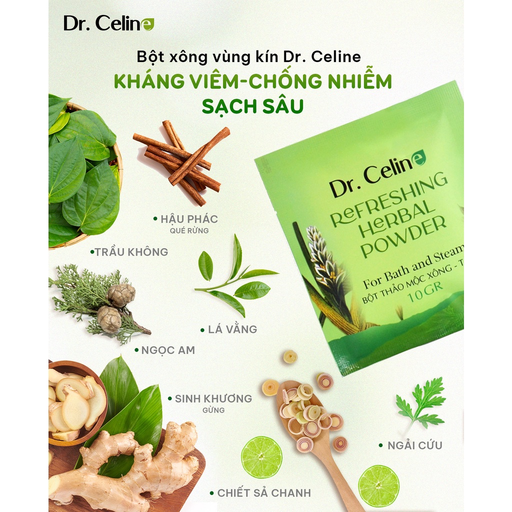 Bột xông thảo dược xuyên tâm liên, trầu không, ngãi cứu, sinh khương,...Dr.Celine (Hộp 5 gói x 50g)
