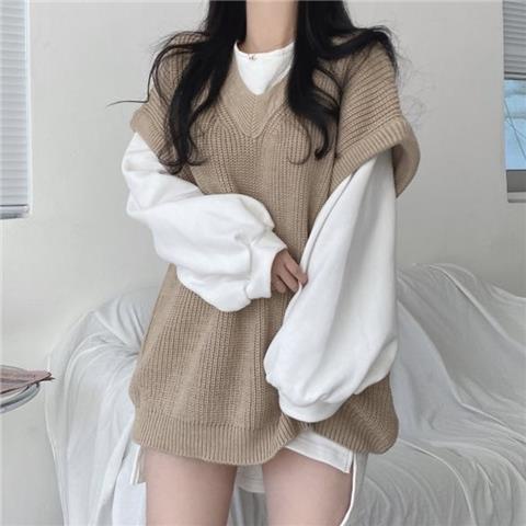 Set áo thun + áo len không tay cổ chữ v thiết kế mới thời trang theo phong cách Hàn Quốc