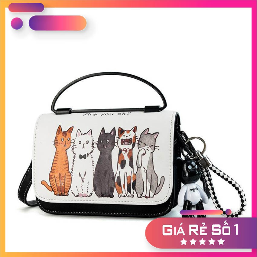 [HOT] Túi xách nữ Hàn Quốc hình 5 con mèo kèm móc khóa Bearbrick da Pu mềm không thấm nước cực đẹp
