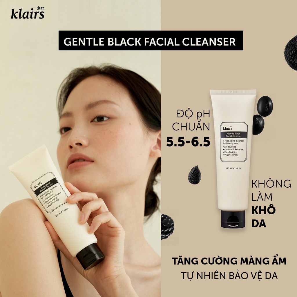 Sữa Rửa Mặt Làm Sạch, Dưỡng Ẩm Dịu Nhẹ Klairs Gentle Black Facial Cleanser 140ml
