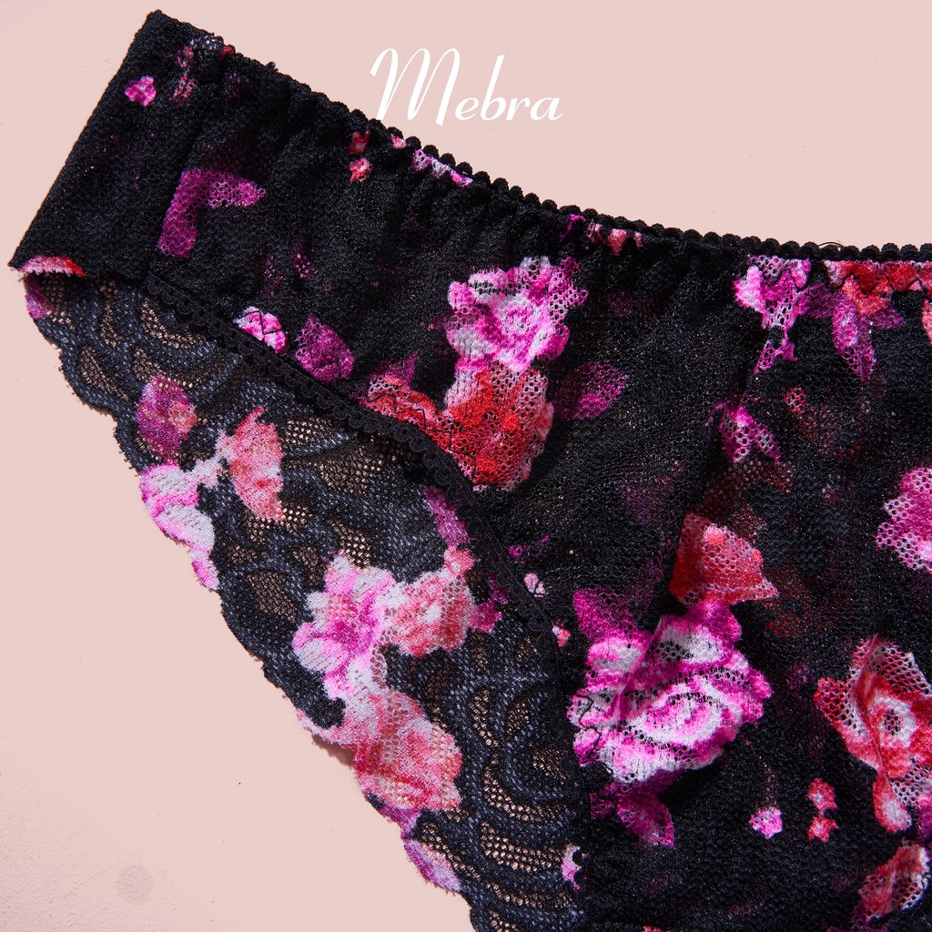 Set bộ đồ lót ren có gọng không đệm ren hoa hồng nền đen gợi cảm nổi bật chân ren Mebra S001