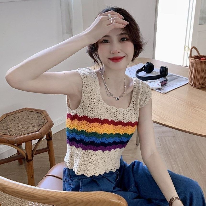 Jiashucheng Áo Dệt Kim Ngắn Không Tay Họa Tiết Sọc Cầu Vồng Khoét Rỗng Phong Cách Preppy Mới Dễ Phối Đồ Cho Nữ