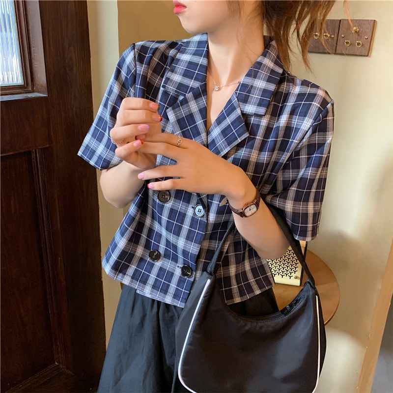 Áo Khoác Nữ Tay Ngắn Họa Tiết Caro Thời Trang Mới