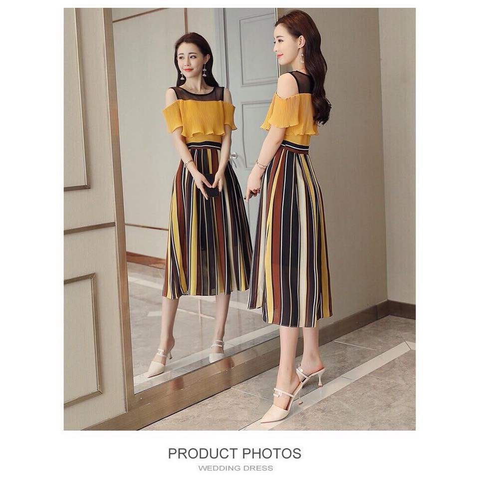 SALE LẤY SAO Đầm xoè khoét vai bèo phối tùng sọc in 3D siêu hot