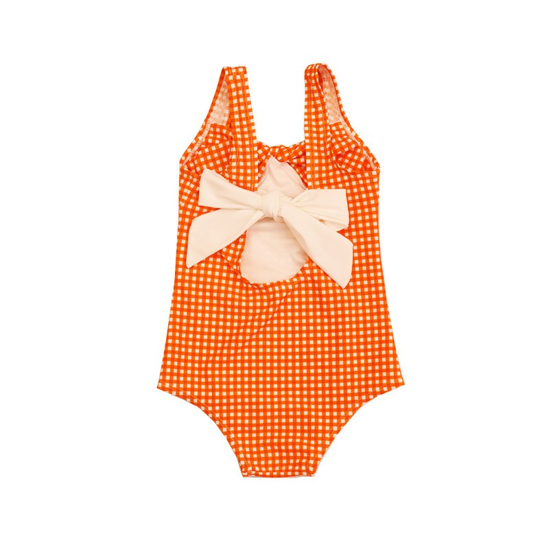 Đồ bơi cho bé gái kẻ caro màu cam hở lưng cực xinh 2021
