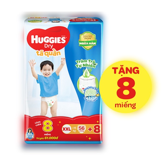 [Tặng thêm 8 miếng] Tã/bỉm quần Huggies XXL56 - Gói 56 miếng (Cho bé 15kg - 25kg)