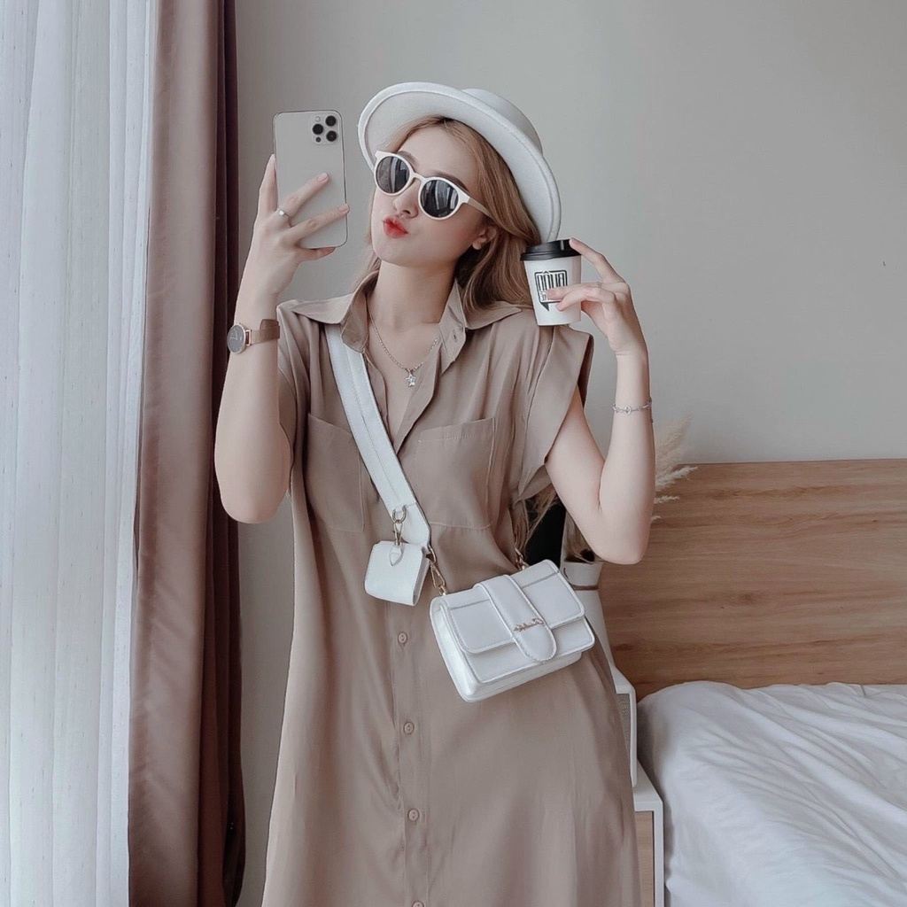 [HCM] Đầm Nữ From Rộng Cổ Sơ Mi Cài Nút Có Túi Thời Trang Nữ Sam Closet Free Size 40-55kg