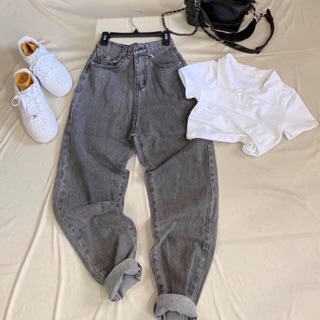 ♻️Set Baggy Jeans Lưng Cao Xám Túi Nắp + Croptop Petter Trơn