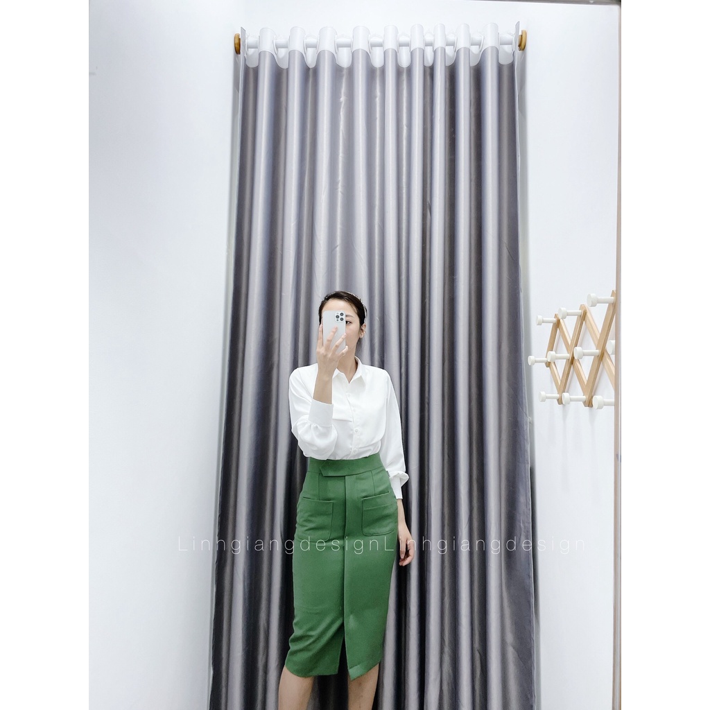 Chân váy bút chì dài qua gối túi vuông xẻ trước thời trang nữ công sở