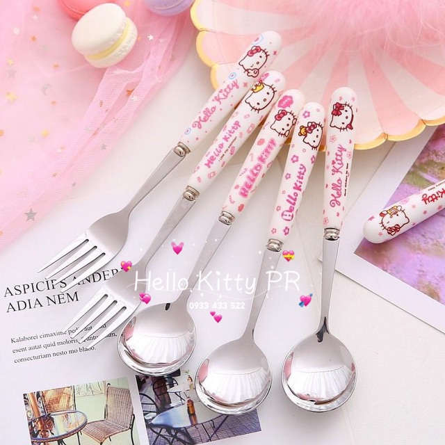 Muỗng nĩa inox cán sứ Hello Kitty