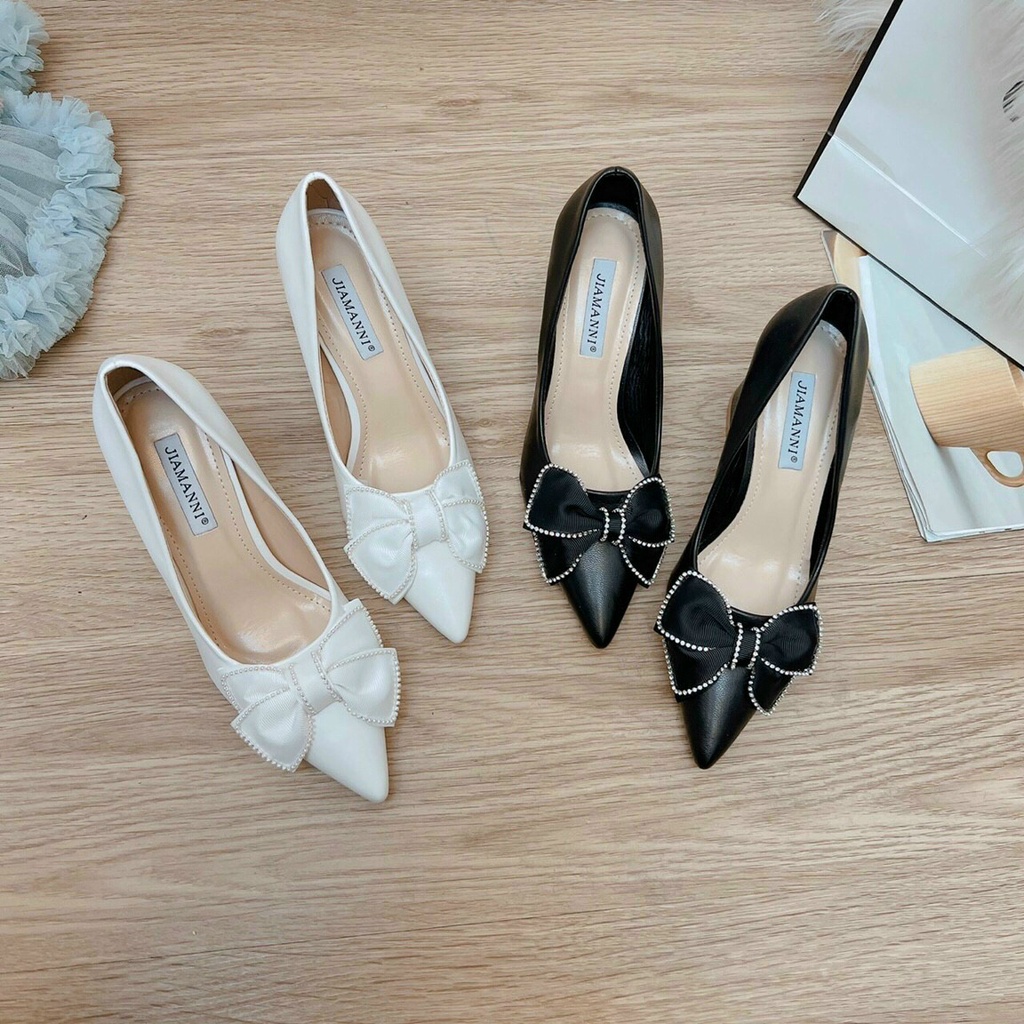 Giày cao gót công sở nữ Minhtuyetshoes-Giày nữ mũi nhọn gót vuông cao 7 phân nơ đính đá mẫu mới mã GCS2022