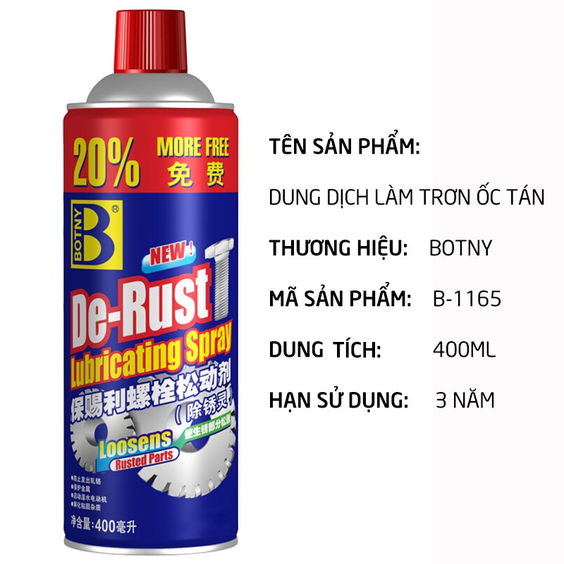 Dung dịch đa năng chống rỉ sét BOTNY De-Rust Lubricating Spray,dầu xịt tẩy rửa vết rỉ sét và bôi trơn kim loại_B-1165