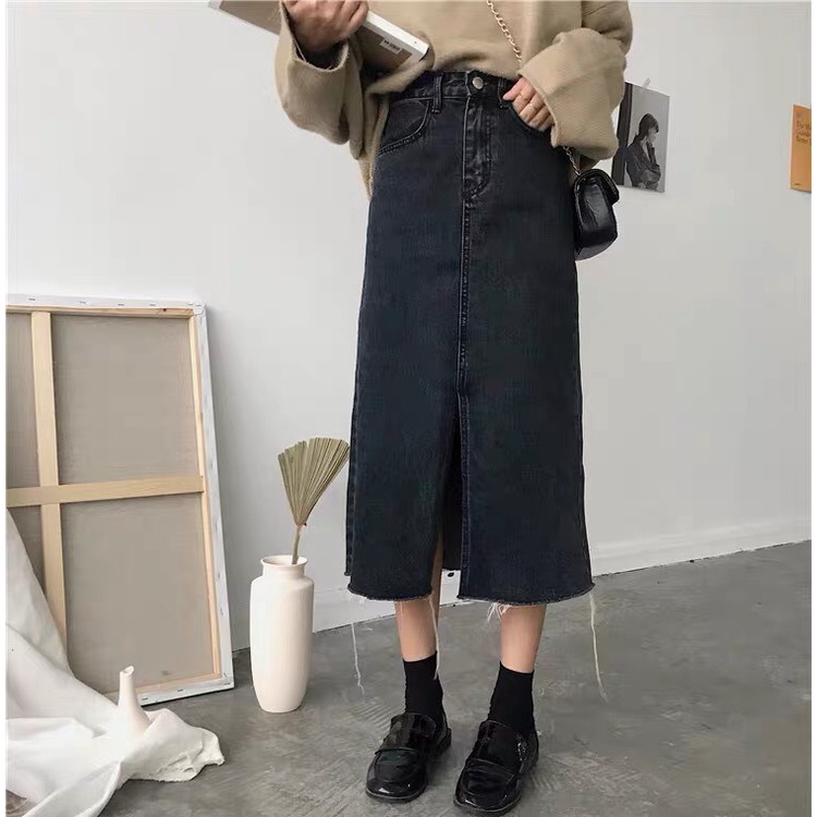 Chân váy cạp cao dài qua gối tua gấu trước_A13