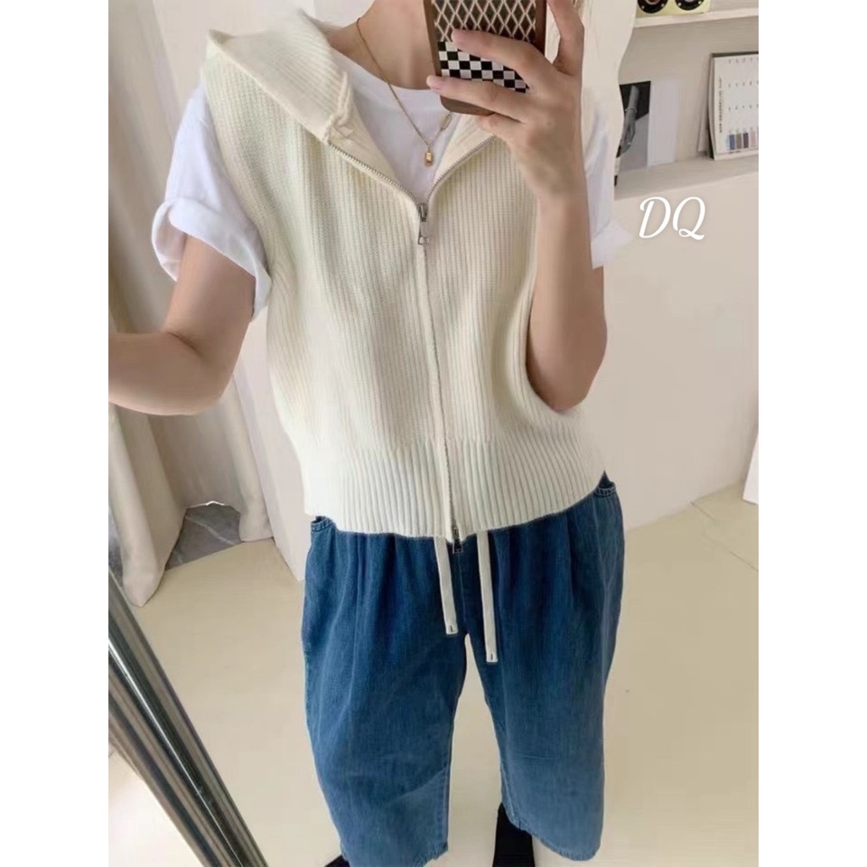 Áo gile len mũ khoá dáng croptop trẻ trung năng động hàng QC