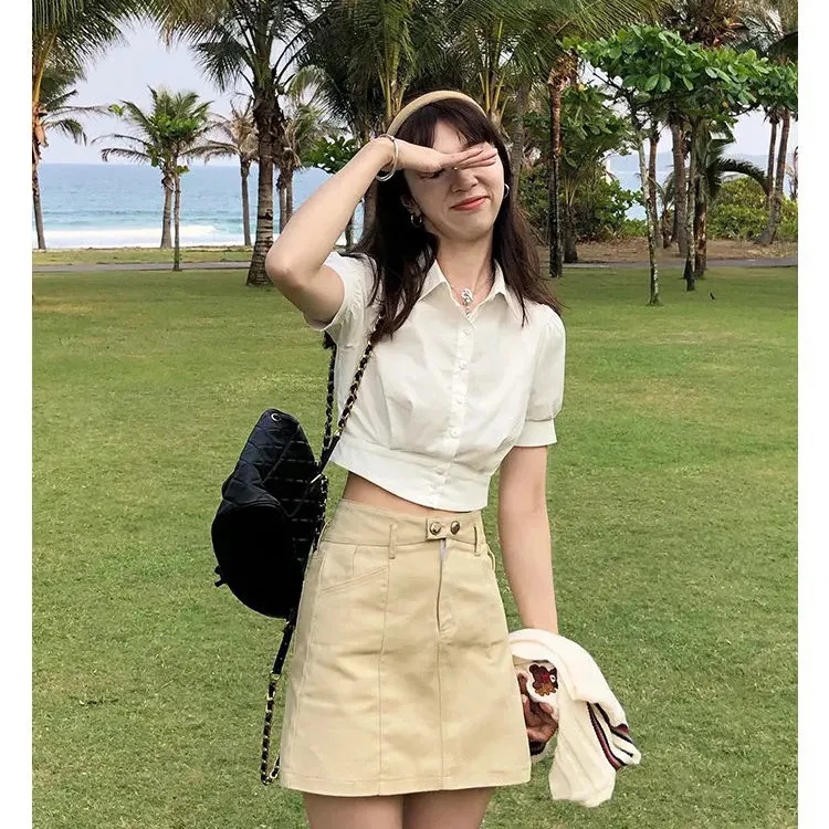 [MURIOKI] Áo Sơ Mi Tay Ngắn Phồng Ôm Dáng Màu Trắng Phong Cách Preppy Cổ Điển Hợp Thời Trang Cho Nữ