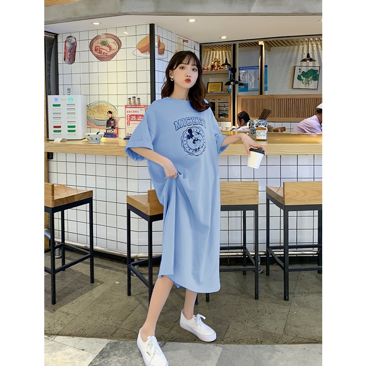 Đầm Suông Thun Tay Ngắn Dáng Rộng In Hình Logo Chú CHuột Chất Cotton Mềm Mát Tới 75kg Phong Cách Trẻ Trung TTDS0482