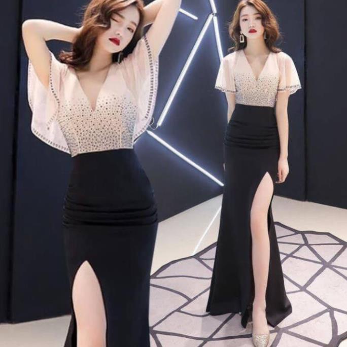 sale 12-12 Đầm Dạ Hội Đính Đá Cao Cấp - Váy Đầm Dáng Dài Thun Phối Voan Quảng Châu Cao Cấp Sang Trọng Kiêu Sa