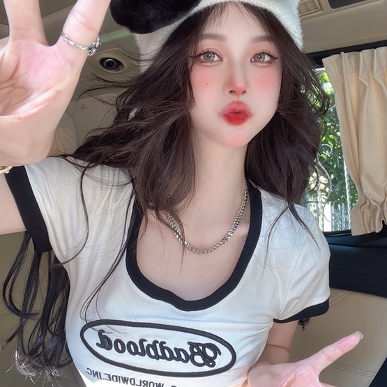 Áo thun dệt kim ZHELIHANGFEI tay ngắn in chữ thời trang cá tính cho nữ