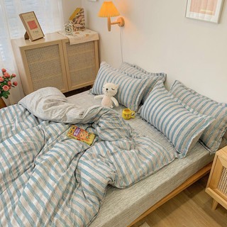 Bộ chăn ga gối Cotton poly Bo Decor Xanh dương sọc, vỏ chăn mền, drap nệm và 2 vỏ gối