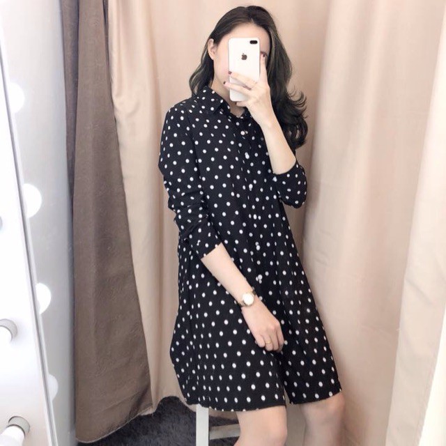 váy sơ mi dài tay chấm bi chất đũi lụa xinh xắn