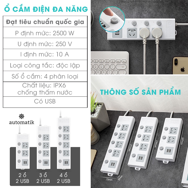 Ổ Cắm Điện Thông Minh Đa Năng Chống Giật, Treo Tường, cổng USB, Chống Cháy An Toàn, Tiết Kiệm-Automatik