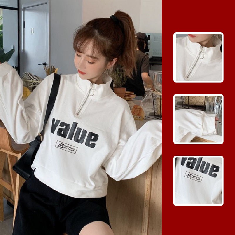 Áo Sweater Dáng Rộng Cổ Cao Phối Khóa Kéo Kiểu Hàn Quốc Cá Tính