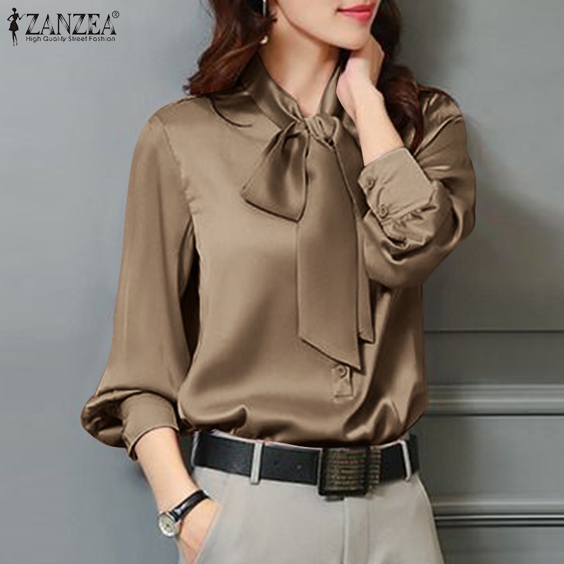 Áo sơ mi satin Zanzea thắt nơ cổ tay dài thời trang dành cho nữ