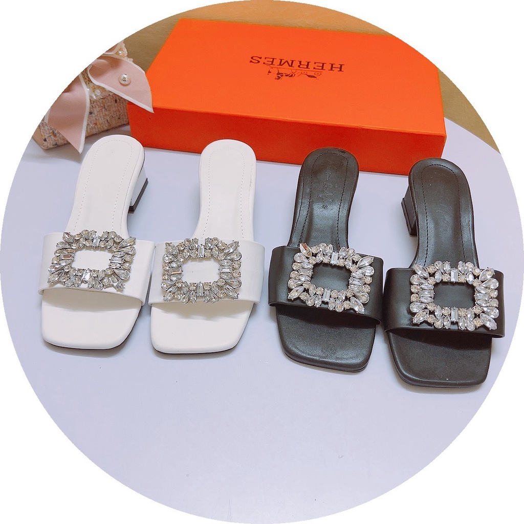 Dép nữ gót 3p hàng đẹp thích hợp dạo phố, quai đá vuông trắng