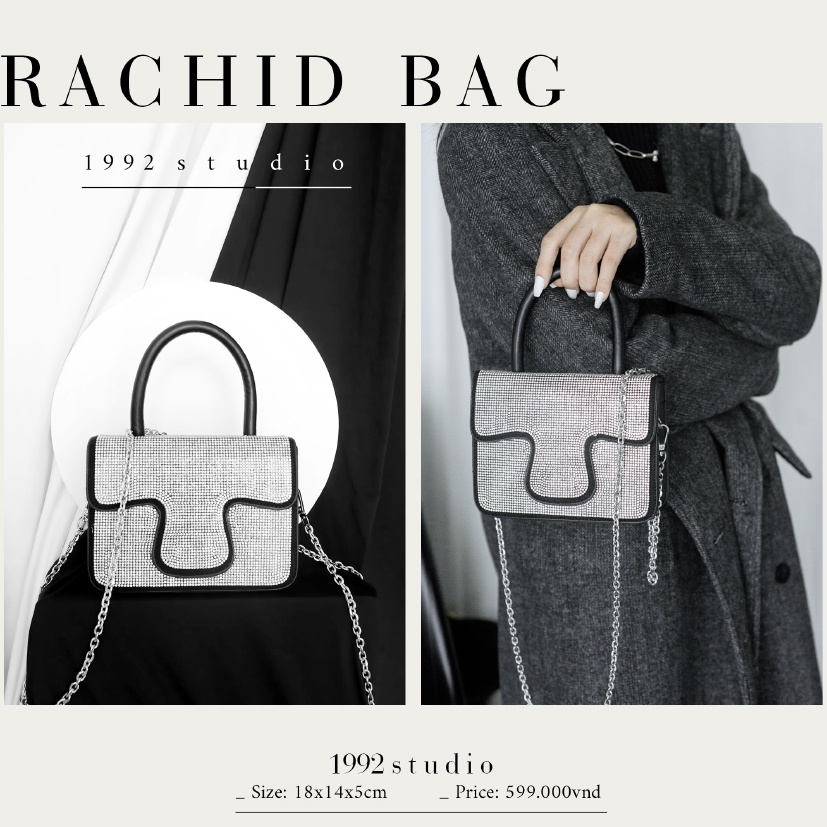 Túi xách nữ/ 1992 s t u d i o / RACHID BAG / màu đen phối hạt lấp lánh