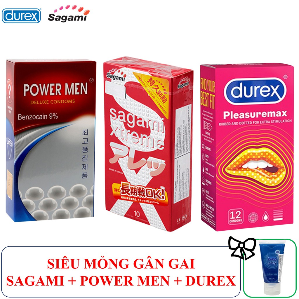 [BAO CAO SU CHÍNH HÃNG] COMBO ĐẶC BIỆT 03 HỘP BAO CAO SU SIÊU MỎNG GÂN GAI DUREX + SAGAMI + POWERMEN