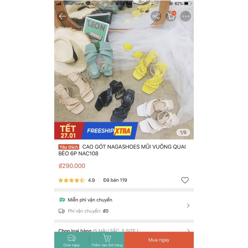 Giày cao gót nagashoes mũi vuông quai bèo màu đen size 37