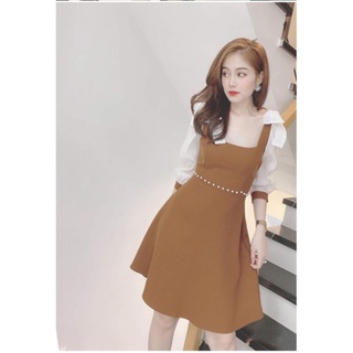 ĐẦM TIỂU THƯ CỔ VUÔNG ĐÍNH NGỌC PHỐI TAY LỤA
