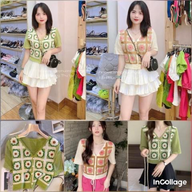 Áo len cadigan cộc tay cổ tim len mongtoghi hoạ tiết hoa 2 màu (Ảnh thật tự chụp)