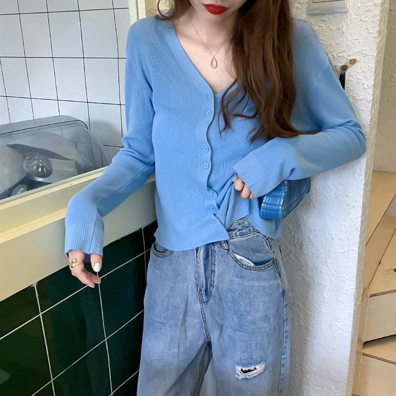 Áo khoác cardigan mỏng tay dài dáng rộng cổ chữ V dễ thương đáng yêu dành cho nữ