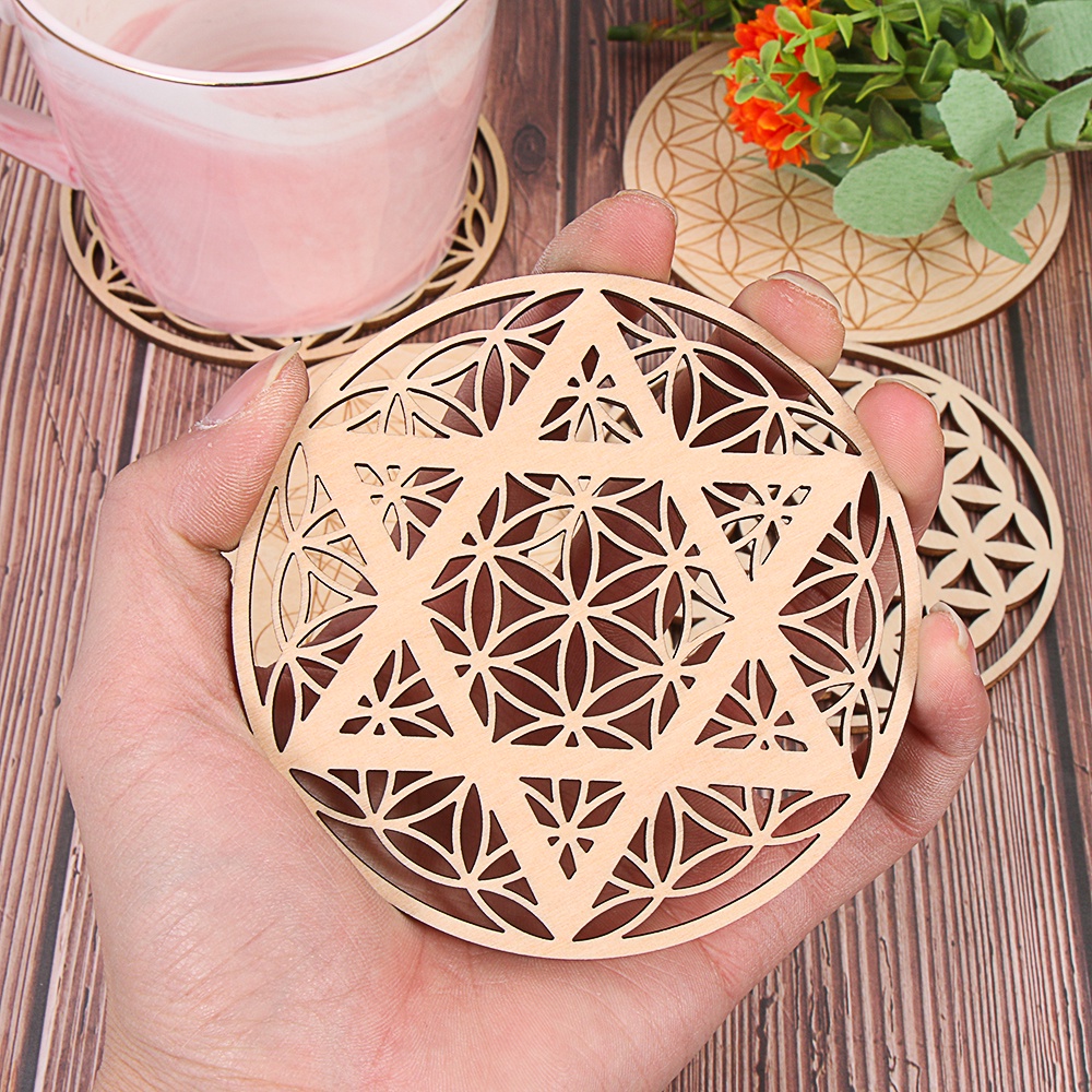 MIOSHOP 1PC Chakra Flower of life Natural Symbol Coaster Wood Round Edge Coaster 10/20cm