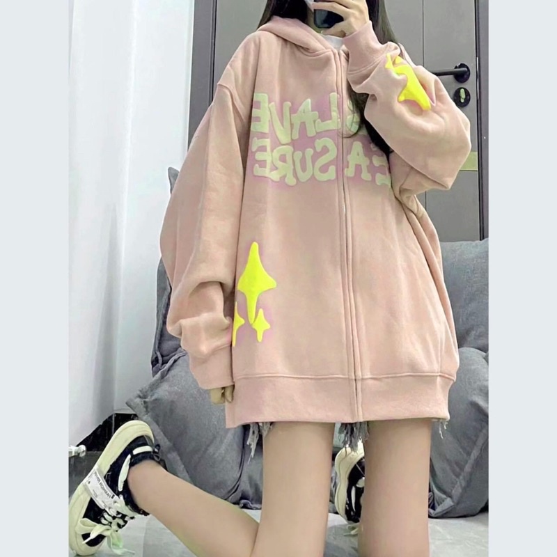Áo Hoodie Zip Tay Phồng Mũ To Nỉ Cotton Xịn Hoạ Tiết Tia Sáng