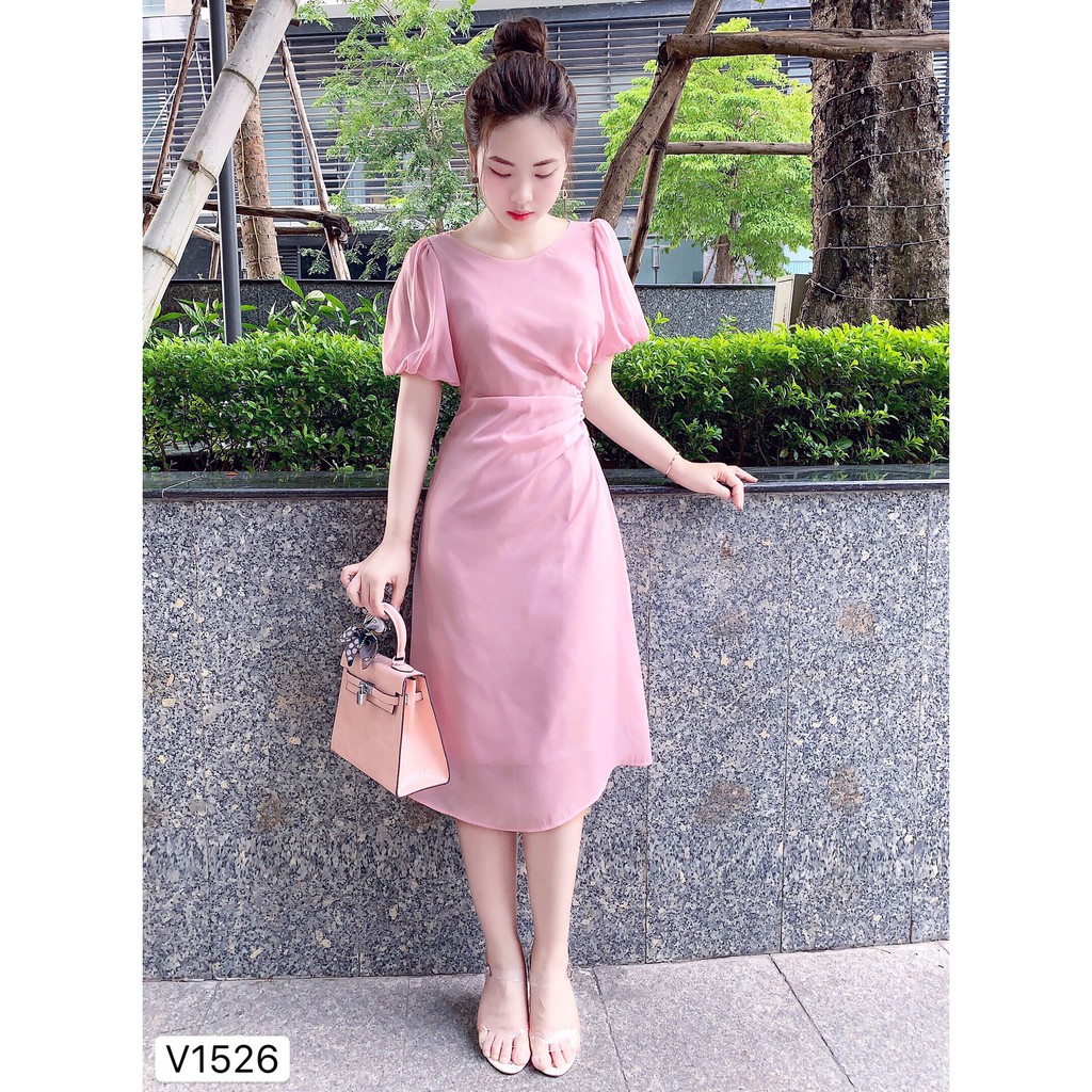 Váy hồng tay bồng nhún eo V1526 - Đẹp Shop DVC (Kèm ảnh thật trải sàn do shop tự chụp) | BigBuy360 - bigbuy360.vn