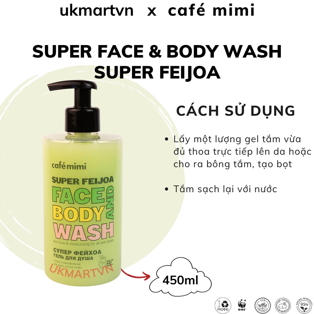 Gel Tắm CAFÉ MIMI Super Feijoa Làm Đều Màu Và Dưỡng Ẩm Da, Super Coconut Nuôi Dưỡng Và Phục Hồi Da 450ml