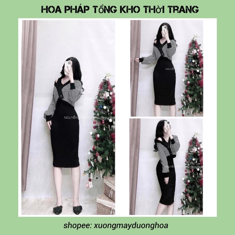 Sét váy body zip mix áo khoác dạ kẻ siêu đẹp (kèm ảnh thật)