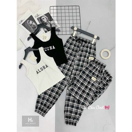 [8.8 Sales Freeship] Set bộ thể thao nữ, áo ba lỗ in chữ aloha  kèm quần dài joker caro ống túm mặc nhà dạo phố cá tính