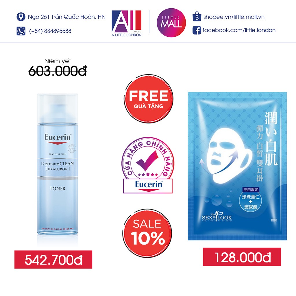 Nước cân bằng da nhẹ dịu Eucerin dermato clean hyaluron toner 200ml TẶNG mặt nạ Sexylook (Nhập khẩu)