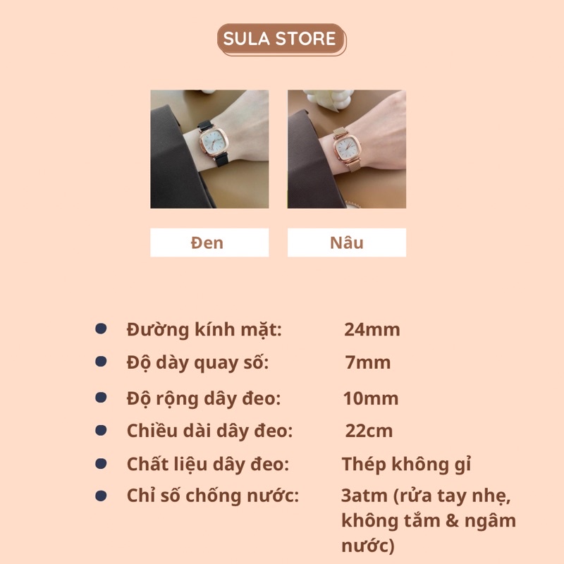 Đồng hồ nữ mặt vuông nhỏ 24mm dây kim loại SULASAN đẹp sang trọng